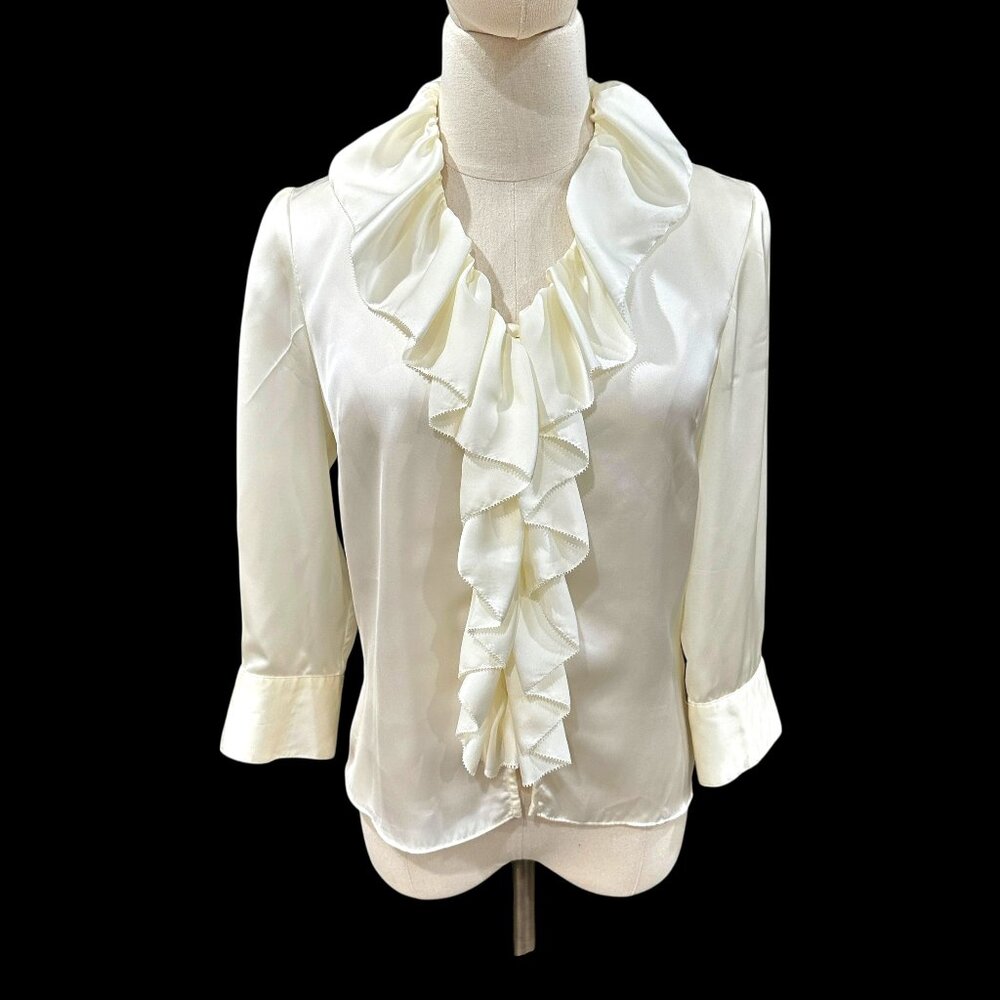 Chaus Semi Sheer Blouse Size 4P Ivory Ruffle Front Button Up Long Sleeve Career